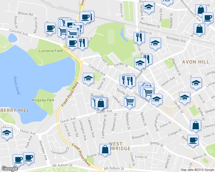 map of restaurants, bars, coffee shops, grocery stores, and more near 95 Chilton Street in Cambridge