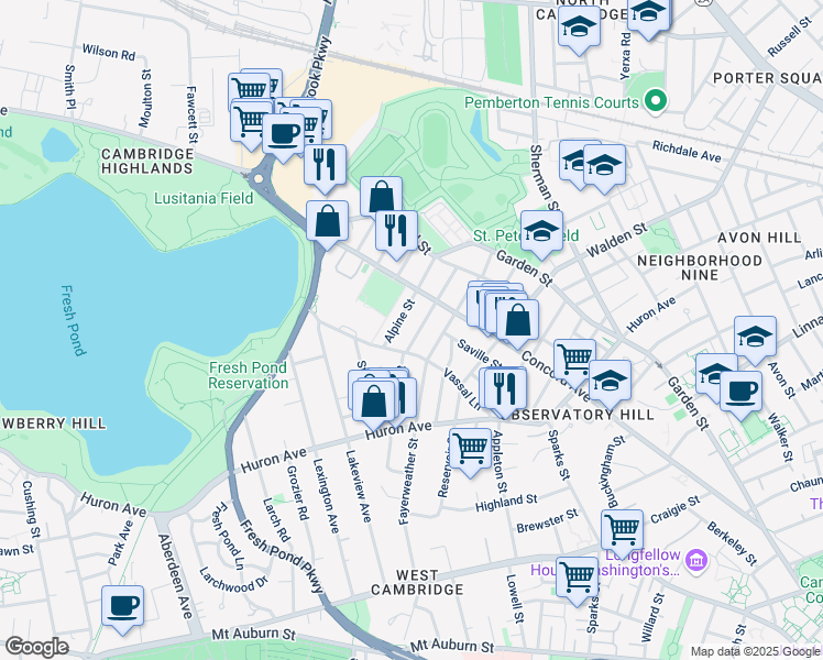 map of restaurants, bars, coffee shops, grocery stores, and more near 95 Chilton Street in Cambridge