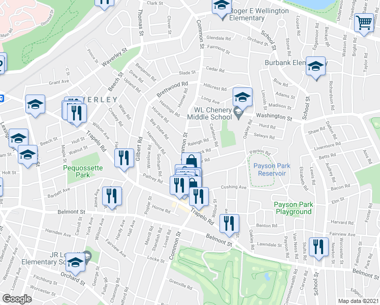 map of restaurants, bars, coffee shops, grocery stores, and more near 4 Warwick Road in Belmont