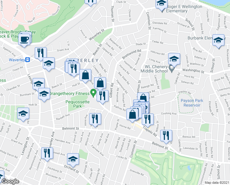 map of restaurants, bars, coffee shops, grocery stores, and more near 45 Winslow Road in Belmont