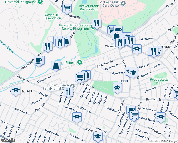 map of restaurants, bars, coffee shops, grocery stores, and more near 214 Sycamore Street in Watertown