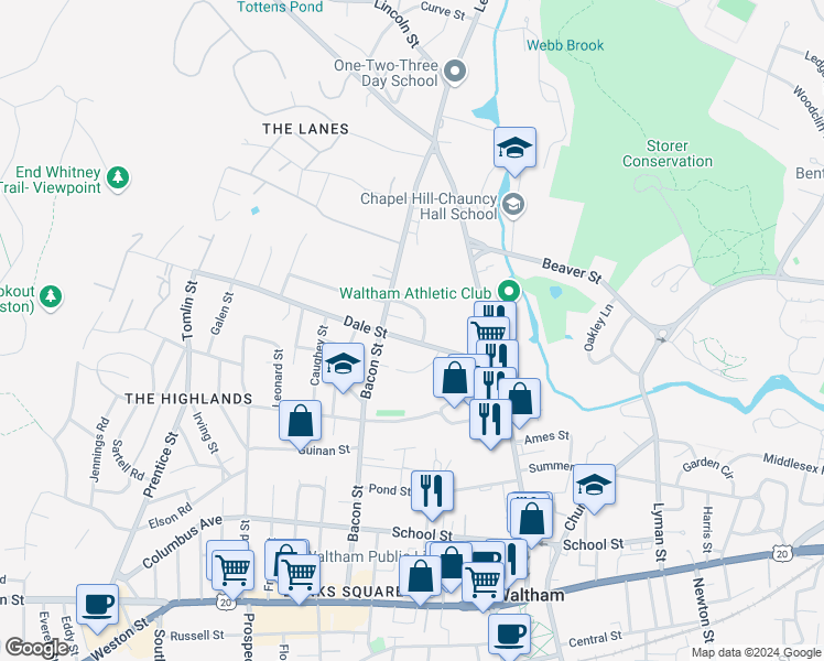 map of restaurants, bars, coffee shops, grocery stores, and more near 63 Dale Street in Waltham