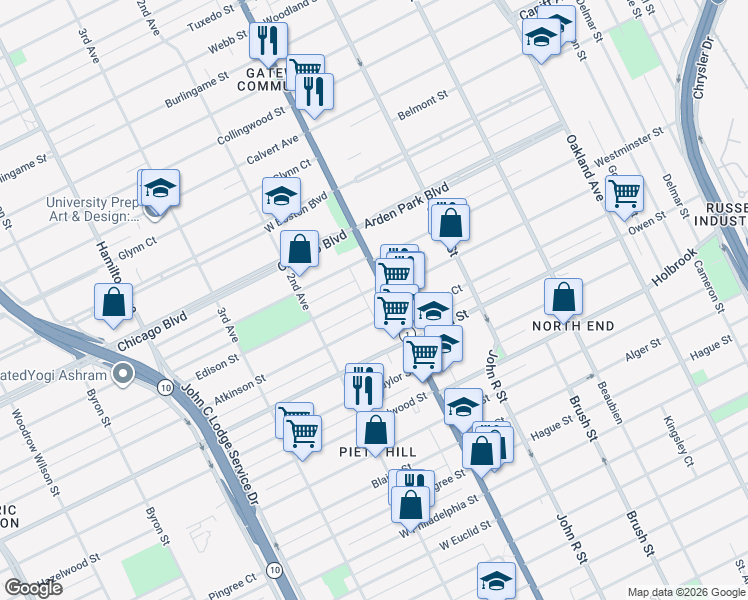 map of restaurants, bars, coffee shops, grocery stores, and more near in Detroit