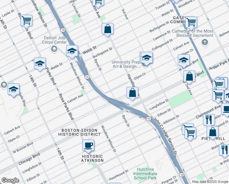 map of restaurants, bars, coffee shops, grocery stores, and more near 1251 Glynn Court in Detroit