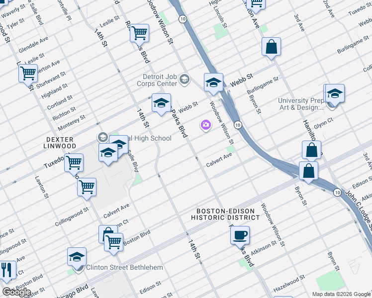 map of restaurants, bars, coffee shops, grocery stores, and more near 1959 Lawrence Street in Detroit