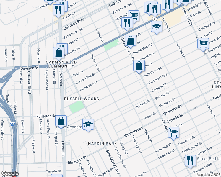 map of restaurants, bars, coffee shops, grocery stores, and more near 4221 Leslie Street in Detroit