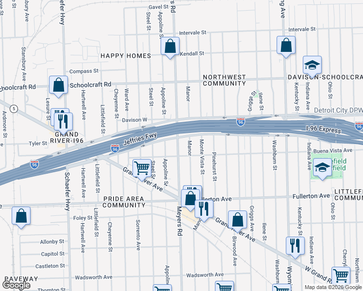 map of restaurants, bars, coffee shops, grocery stores, and more near 13135 Manor in Detroit