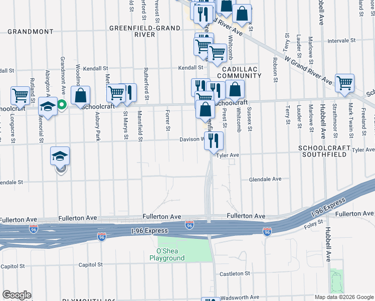 map of restaurants, bars, coffee shops, grocery stores, and more near 12925 Montrose Street in Detroit