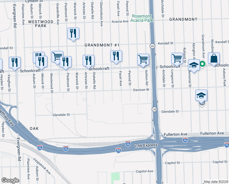 map of restaurants, bars, coffee shops, grocery stores, and more near 12946 Greenview Road in Detroit