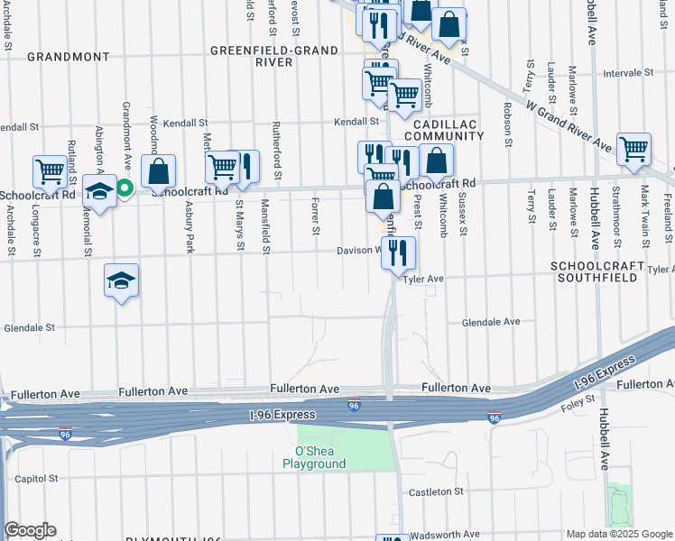 map of restaurants, bars, coffee shops, grocery stores, and more near 12925 Montrose Street in Detroit