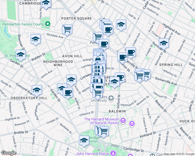map of restaurants, bars, coffee shops, grocery stores, and more near 1728 Massachusetts Avenue in Cambridge