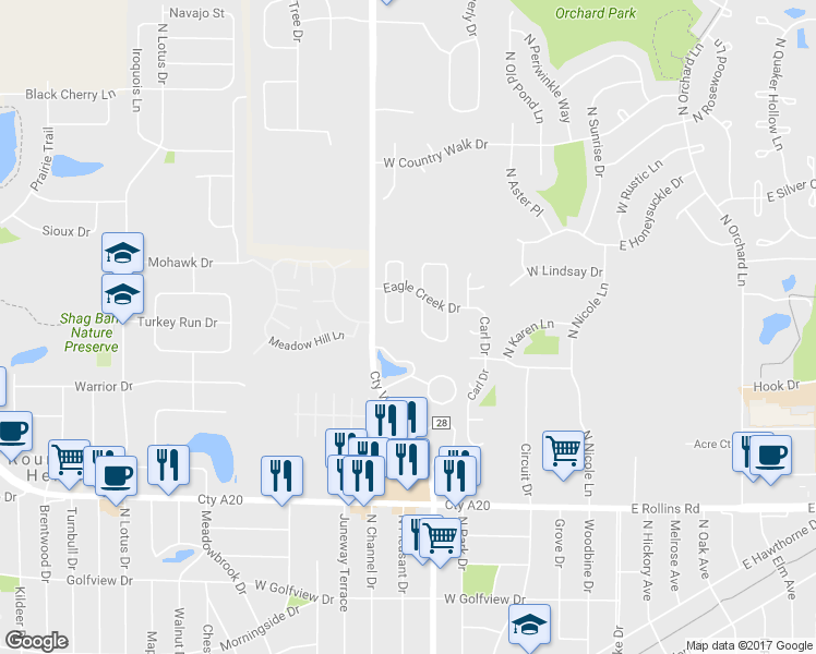 map of restaurants, bars, coffee shops, grocery stores, and more near 389 Dakota Court in Round Lake Beach