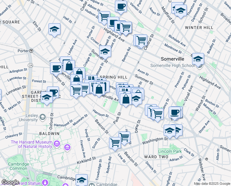map of restaurants, bars, coffee shops, grocery stores, and more near 19 Cypress Street in Somerville