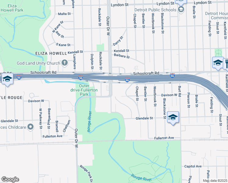 map of restaurants, bars, coffee shops, grocery stores, and more near 12531 Outer Drive West in Detroit