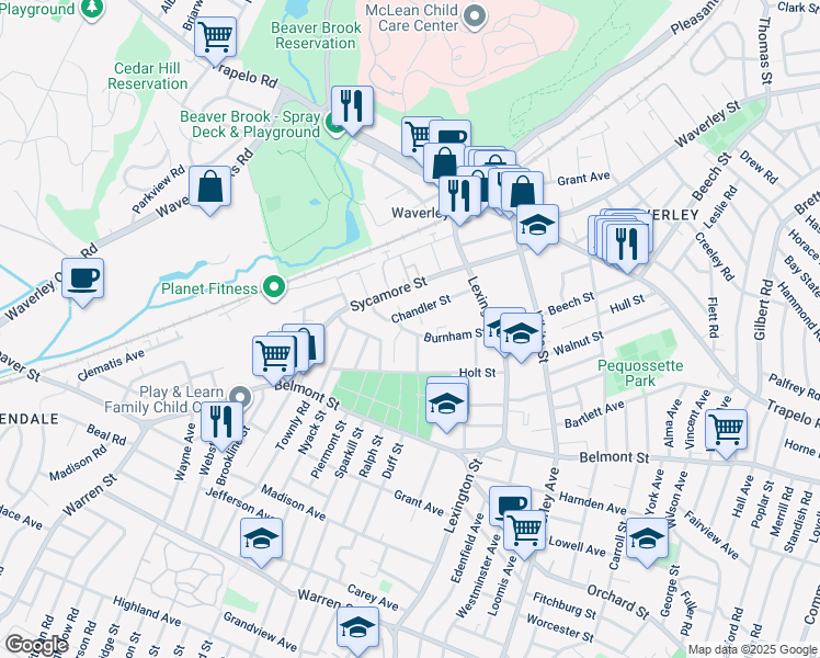 map of restaurants, bars, coffee shops, grocery stores, and more near 73 Burnham Street in Watertown