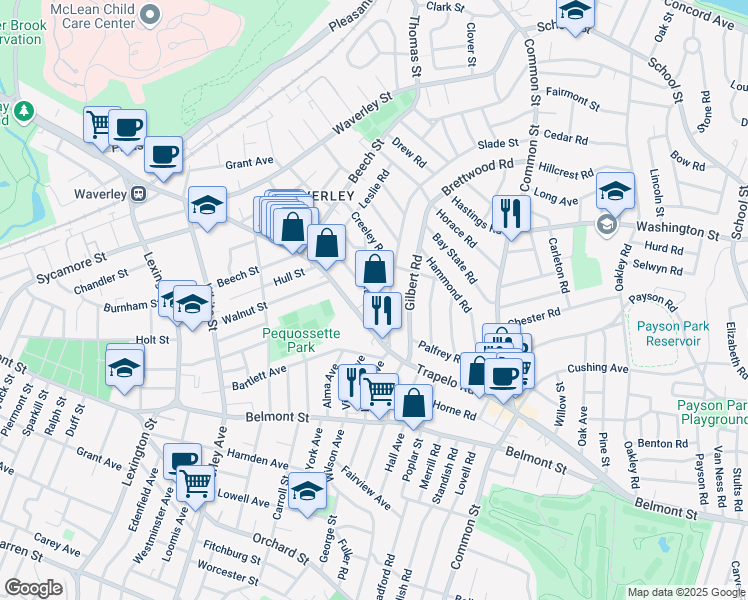 map of restaurants, bars, coffee shops, grocery stores, and more near 19 Flett Road in Belmont