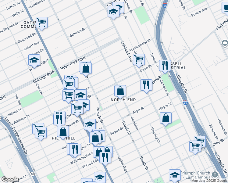 map of restaurants, bars, coffee shops, grocery stores, and more near 329 Josephine Street in Detroit