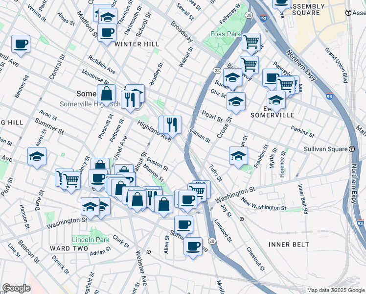 map of restaurants, bars, coffee shops, grocery stores, and more near 255 Medford Street in Somerville