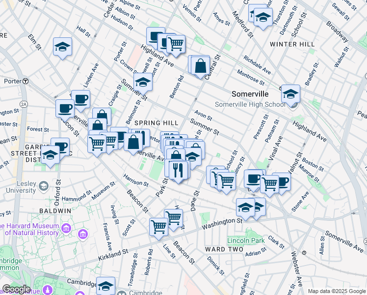 map of restaurants, bars, coffee shops, grocery stores, and more near 15 Central Street in Somerville