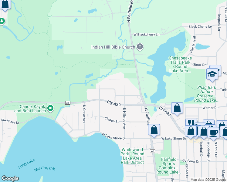 map of restaurants, bars, coffee shops, grocery stores, and more near 24716 West Orchard Place in Round Lake Heights