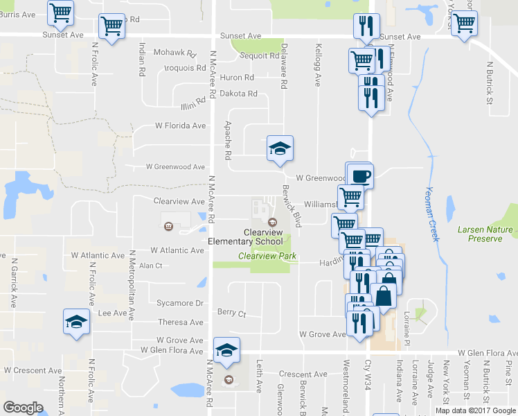 map of restaurants, bars, coffee shops, grocery stores, and more near 1700 Delaware Road in Waukegan