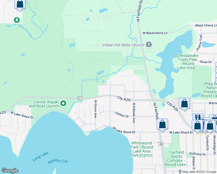 map of restaurants, bars, coffee shops, grocery stores, and more near 24925 West Orchard Place in Round Lake