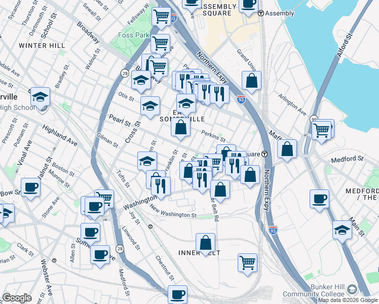 map of restaurants, bars, coffee shops, grocery stores, and more near 65 Myrtle Street in Somerville