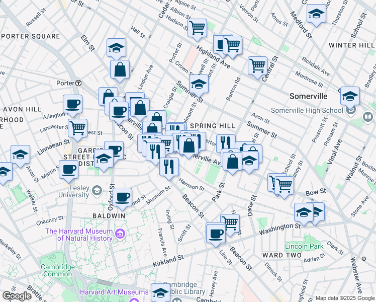 map of restaurants, bars, coffee shops, grocery stores, and more near 624 Somerville Avenue in Somerville
