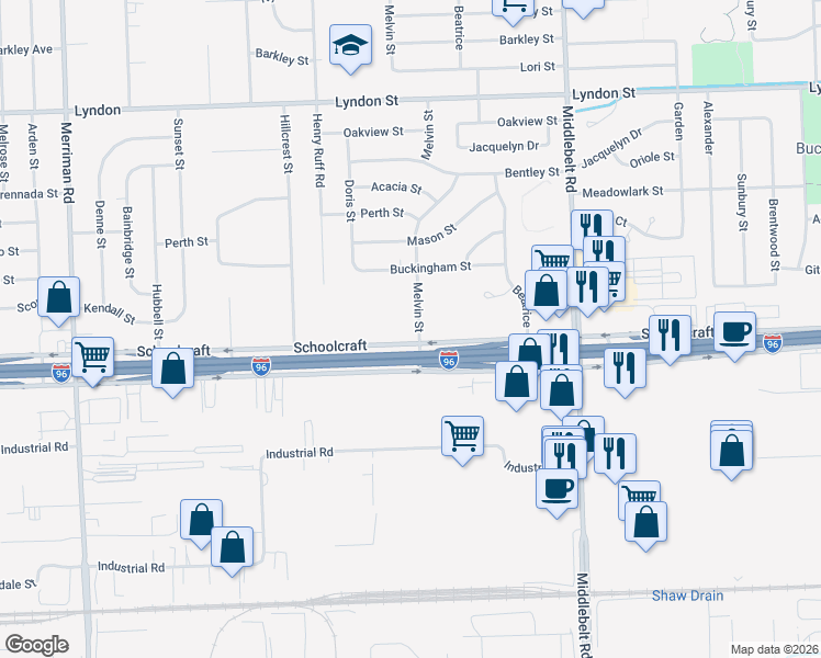 map of restaurants, bars, coffee shops, grocery stores, and more near 30118 Schoolcraft Road in Livonia
