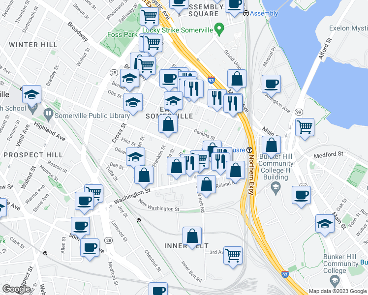 map of restaurants, bars, coffee shops, grocery stores, and more near Pearl Street & Florence Street in Somerville