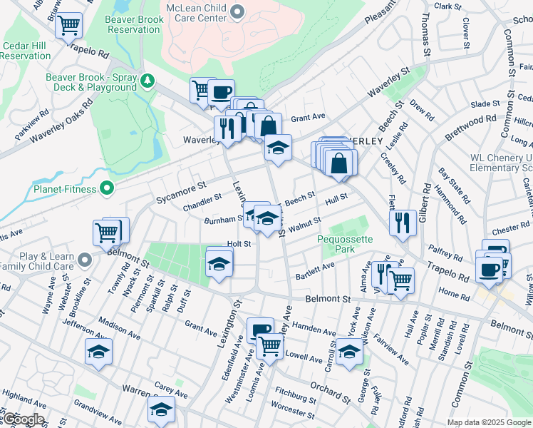 map of restaurants, bars, coffee shops, grocery stores, and more near 21 Beech Street in Belmont