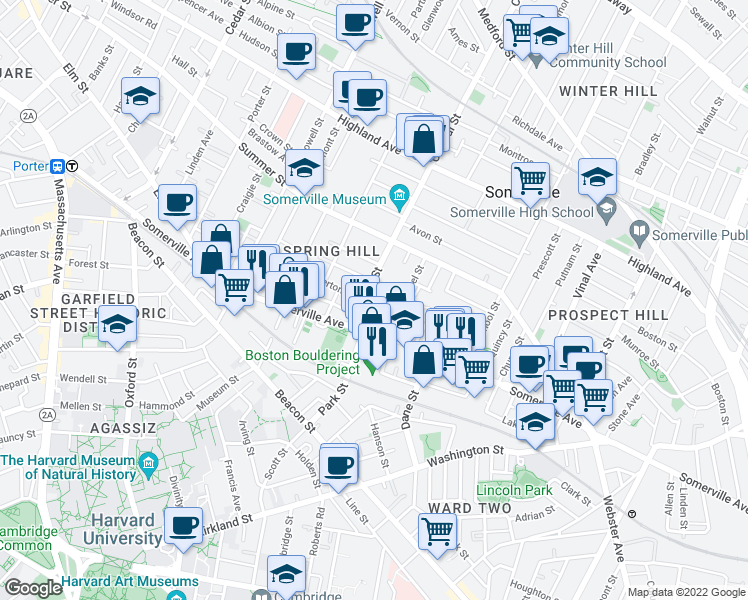 map of restaurants, bars, coffee shops, grocery stores, and more near 15 Central Street in Somerville