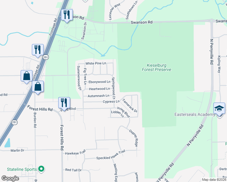 map of restaurants, bars, coffee shops, grocery stores, and more near 8510 Springwood Court in Roscoe
