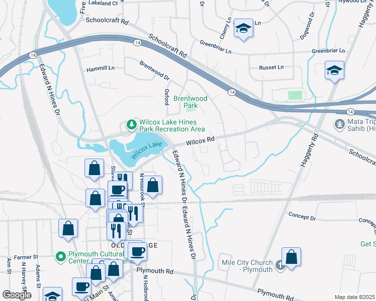 map of restaurants, bars, coffee shops, grocery stores, and more near 14010 Brougham Court in Plymouth