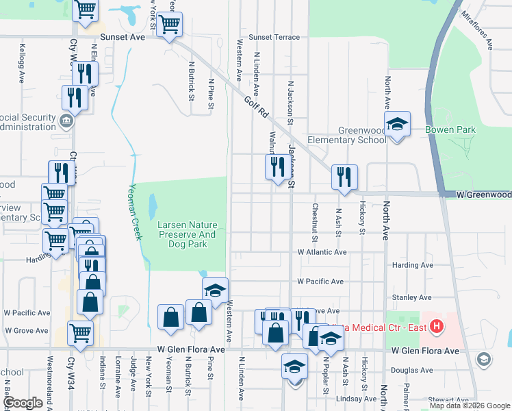 map of restaurants, bars, coffee shops, grocery stores, and more near 1729 North Linden Avenue in Waukegan