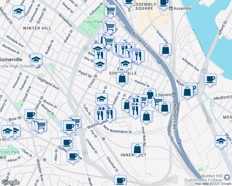 map of restaurants, bars, coffee shops, grocery stores, and more near 49 Franklin Street in Somerville