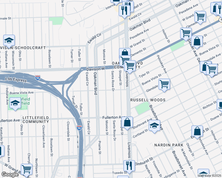 map of restaurants, bars, coffee shops, grocery stores, and more near 12795 Santa Rosa Drive in Detroit