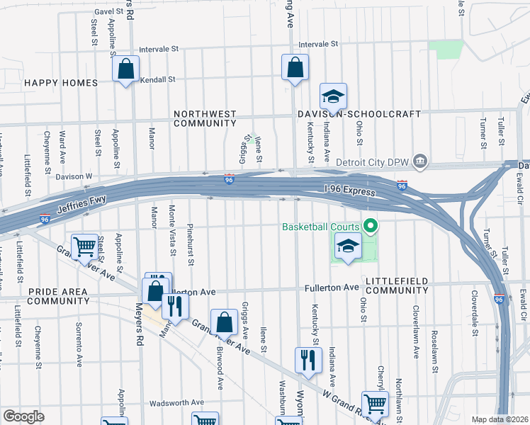 map of restaurants, bars, coffee shops, grocery stores, and more near 13129 Ilene Street in Detroit