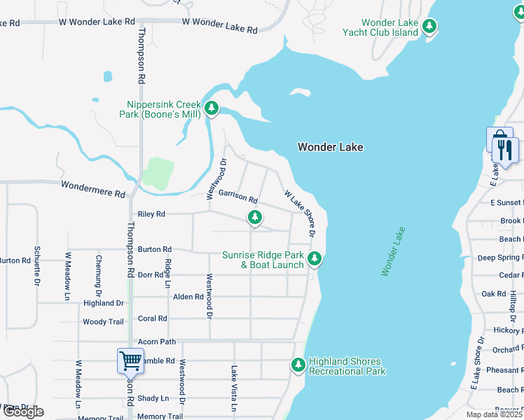 map of restaurants, bars, coffee shops, grocery stores, and more near 8419 Garrison Road in Wonder Lake