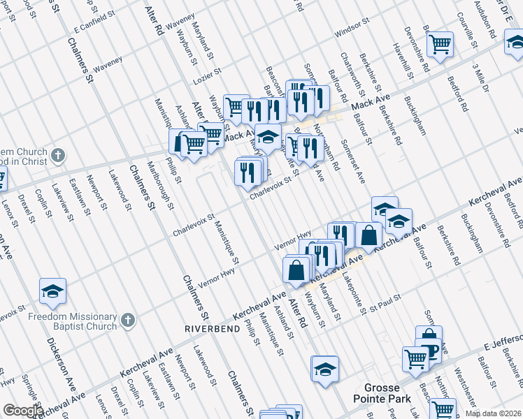 map of restaurants, bars, coffee shops, grocery stores, and more near 2641 Alter Road in Detroit