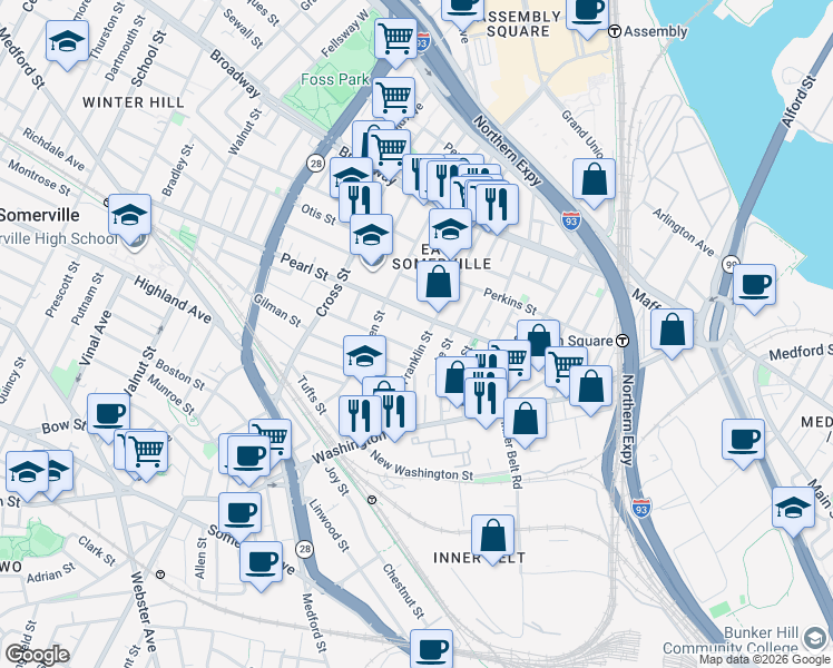 map of restaurants, bars, coffee shops, grocery stores, and more near 45 Franklin Street in Somerville