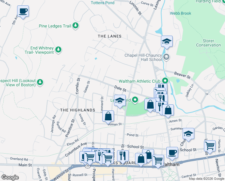 map of restaurants, bars, coffee shops, grocery stores, and more near 68 Caughey Street in Waltham