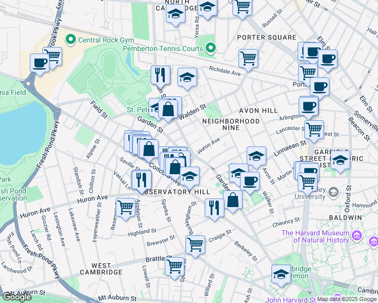 map of restaurants, bars, coffee shops, grocery stores, and more near 113 Garden Street in Cambridge