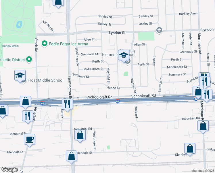 map of restaurants, bars, coffee shops, grocery stores, and more near 9627 Mayfield Street in Livonia