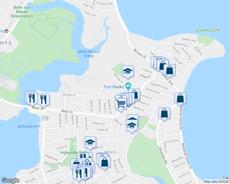 map of restaurants, bars, coffee shops, grocery stores, and more near 700 Governors Drive in Winthrop
