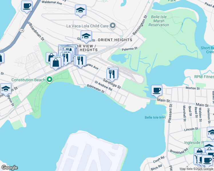 map of restaurants, bars, coffee shops, grocery stores, and more near 98 Saint Andrew Road in Boston