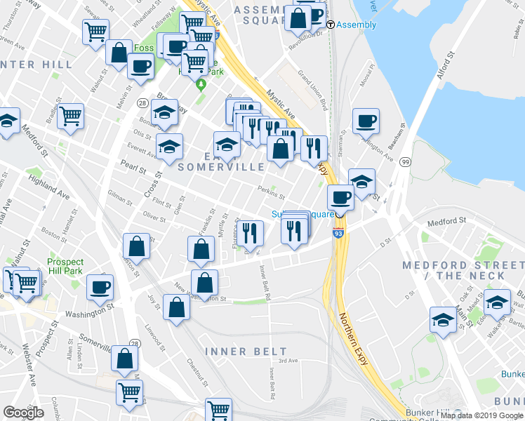 map of restaurants, bars, coffee shops, grocery stores, and more near in Somerville