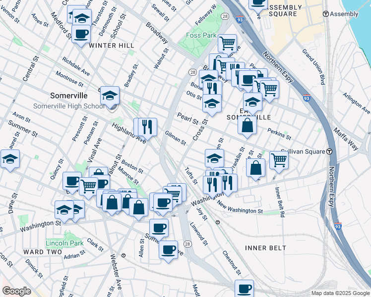 map of restaurants, bars, coffee shops, grocery stores, and more near 115 Cross Street in Somerville
