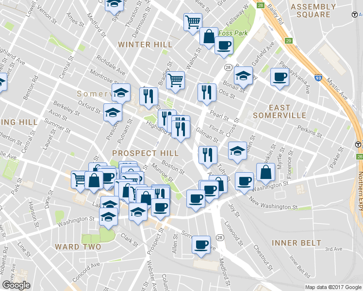 map of restaurants, bars, coffee shops, grocery stores, and more near 6 Hamlet Street in Somerville
