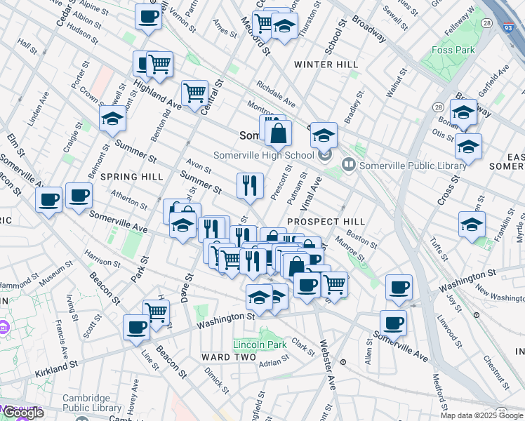 map of restaurants, bars, coffee shops, grocery stores, and more near 59 Summer Street in Somerville